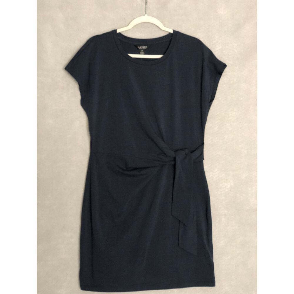 Lauren Ralph Lauren Cotton-Blend Jersey Dress Tie-Front Navy Women's Large NEW